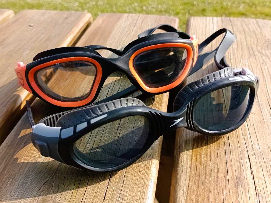 gogles sat on a bench