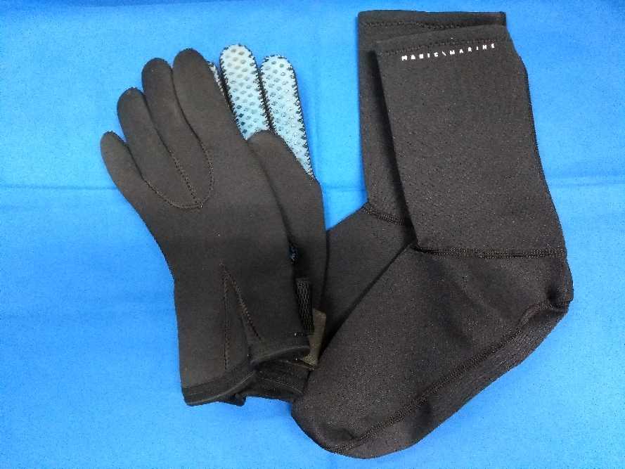 a pair of neoprene gloves and socks