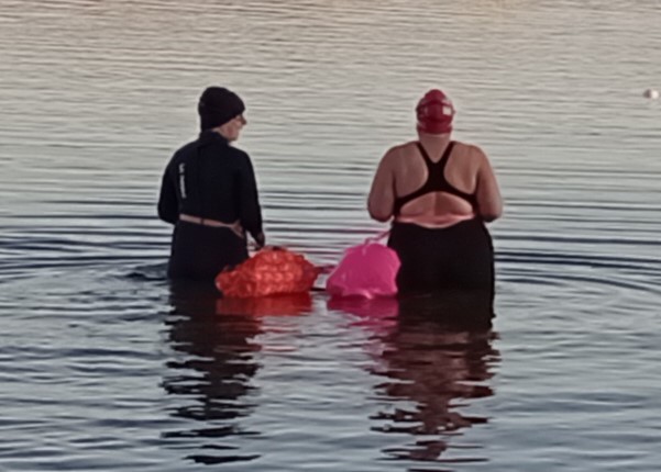 Swimmers entering the water, one in a wetsuit the other in swimsuit.